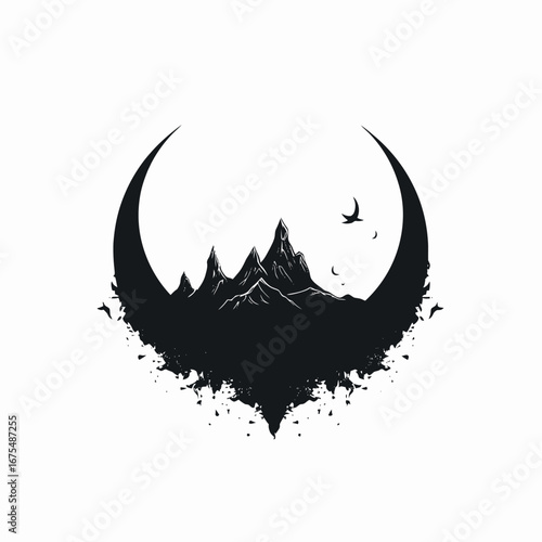 Majestic mountain scenery within crescent moon shape, mysterious artwork silhouette
