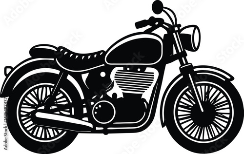 Vector art of detailed black and white vector art of a classic motorcycle, isolated on a, highlighting its powerful engine and stylish frame