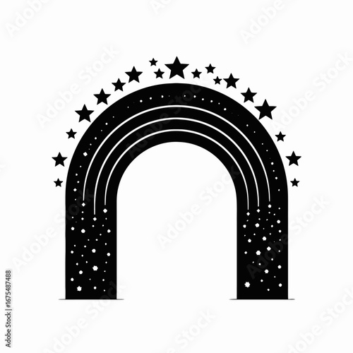 Enchanting star-studded rainbow arches upward gracefully in magical dreamy ethereal vector silhouette