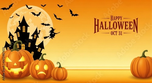 Happy halloween with a spooky castle, flying bats, and carved pumpkins under a full moon