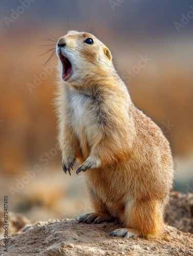 A prairie dog barks a warning call in a dramatic portrait