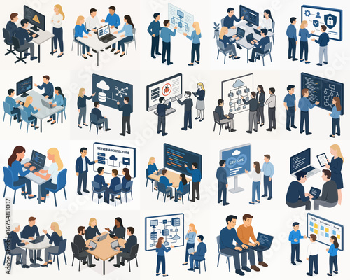 Modern Isometric People Meeting and Collaboration Flat Design Illustration Asset