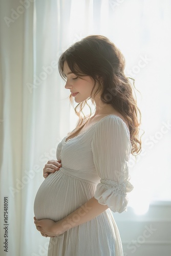 Free Download Peaceful pregnant woman gently cradling baby bump standing in soft natural light wearing a flowing white dress with serene expression - GFXLoad
