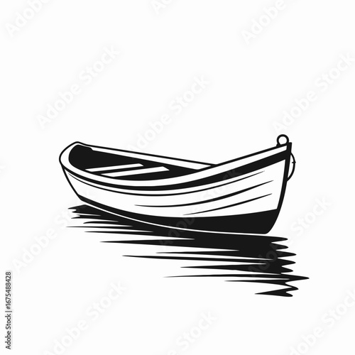 Floating wooden rowboat casting reflection on the water simple vector silhouette