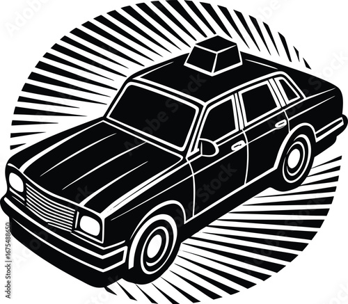 Vector art of black and white illustration of a police car with a square light on top and radiating lines within a circle