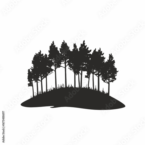 Serene evergreen trees stand prominently against the bright backdrop, a dark silhouette