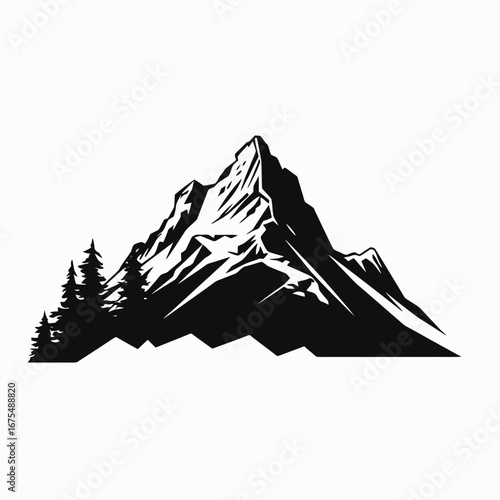 Majestic mountain peak with evergreen trees and a striking black silhouette