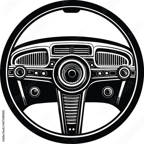 Vector art of vintage car steering wheel and dashboard in black and white, isolated on a
