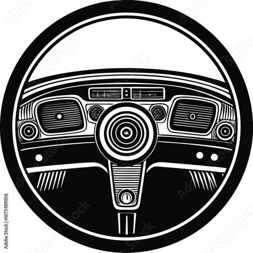Vector art of classic car steering wheel and dashboard, monochrome illustration