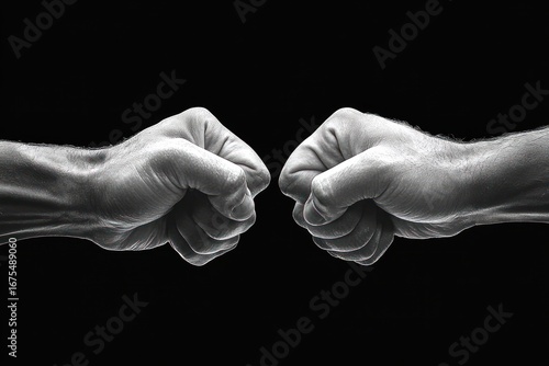 Two clenched fists facing each other against a black background conveying confrontation and strength