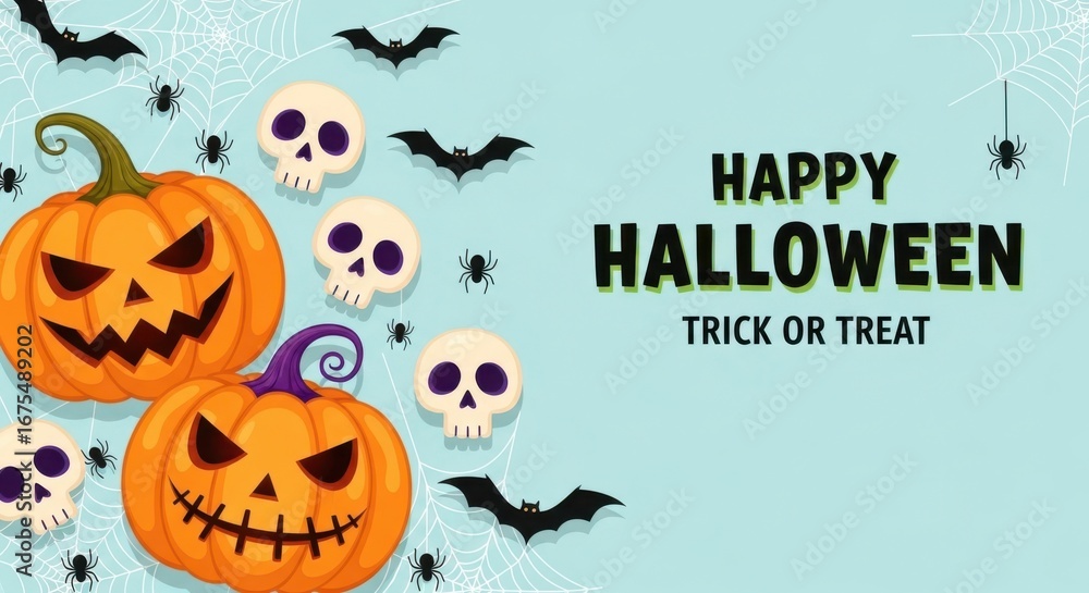 Fototapeta premium Happy halloween greeting with pumpkins, skulls, bats, and spider webs for trick or treat