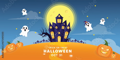 Halloween party invitation banner with a spooky landscape background. Vector graphic featuring a haunted house, graveyard, pumpkins, and bats for the October 31st celebration