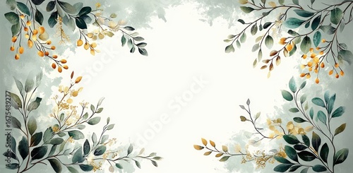 Soft watercolor border with green leaves and golden berries framing a light central space, evoking a calm and natural ambiance