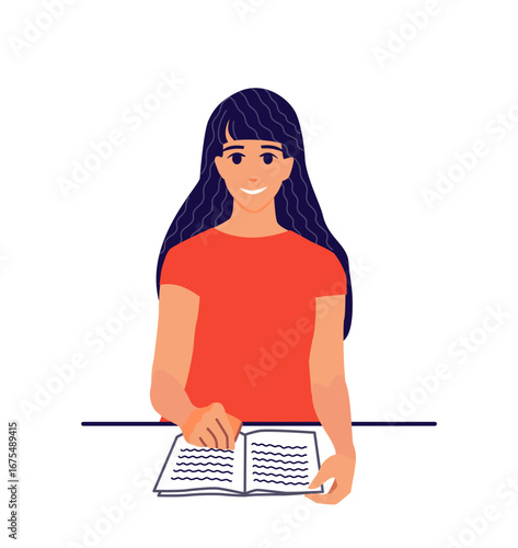 Woman girl student schoolgirl reading a book. Vector illustration.
