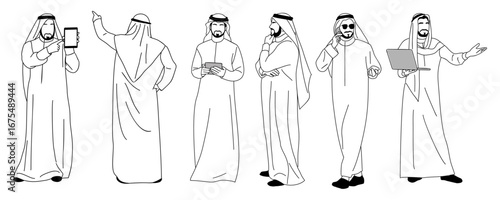 Arab Business man character in different poses, standing in traditional white clothes side, front, rear view with laptop, phone, tablet. Vector simple outline sketch illustration isolated
