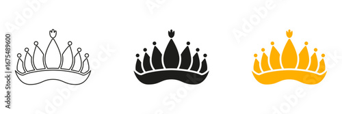Royal Tiara Crown Line and Solid Icon Set. Elegant coronet and queen headdress symbols in royal theme. Symbol Collection. Isolated Vector Illustration