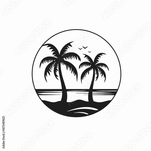 Tropical palm trees framed in minimalist circular beach scene silhouette