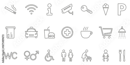Public Facility And Service Icons Collection. Essential Amenities And Services Outline Symbol Set. Smoking Area, Wi-Fi, Information and Parking Icon. Editable Stroke. Isolated Vector Illustration
