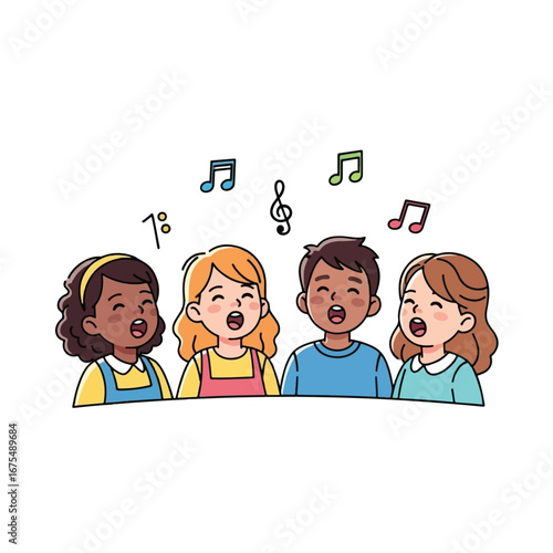 Illustration of a diverse group of children singing together with musical notes floating above them.