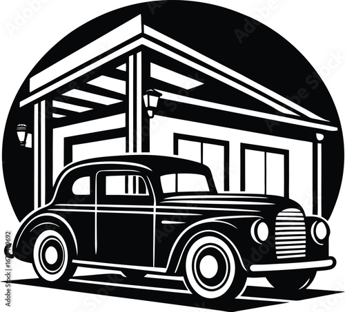 Vector art of vintage car parked in front of a classic garage, black and white illustration