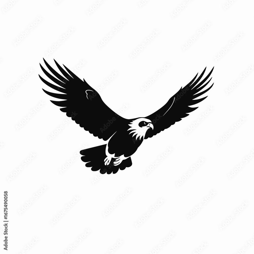 Obraz premium Majestic eagle soaring gracefully against white background shown in detailed silhouette