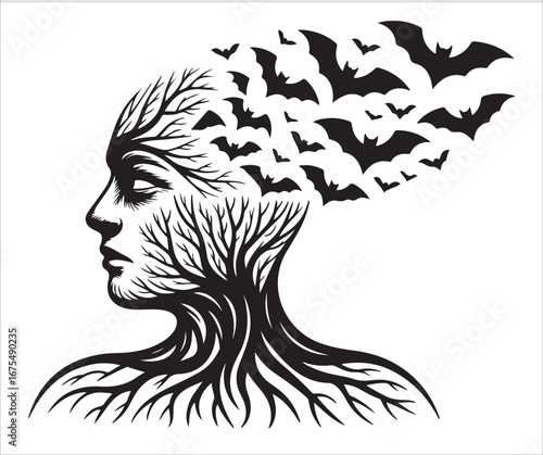 Surreal tree and human face illustration with flying bats, perfect for fantasy and eerie themes.