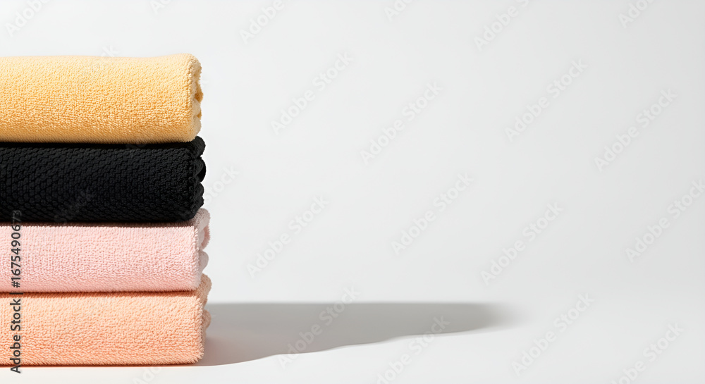 Obraz premium A neat stack of four colorful folded towels in yellow, black, and pink against a plain white background with copy space.
