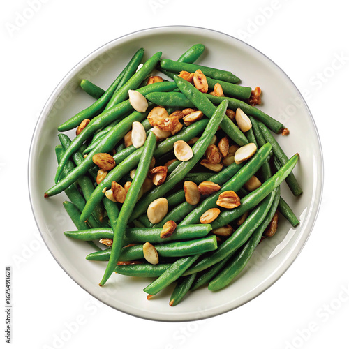 Thanksgiving Green Beans Almondine: Sautéed green beans with toasted almonds, Thanksgiving side dish, high-detail PNG