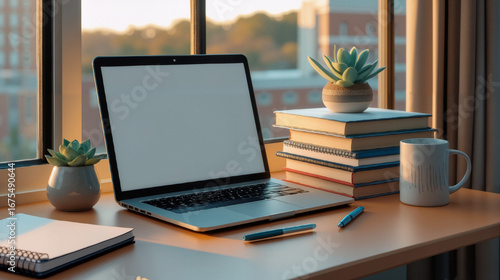 Wallpaper Mural College desk receives warm sunlight on minimalist workspace at golden hour Torontodigital.ca