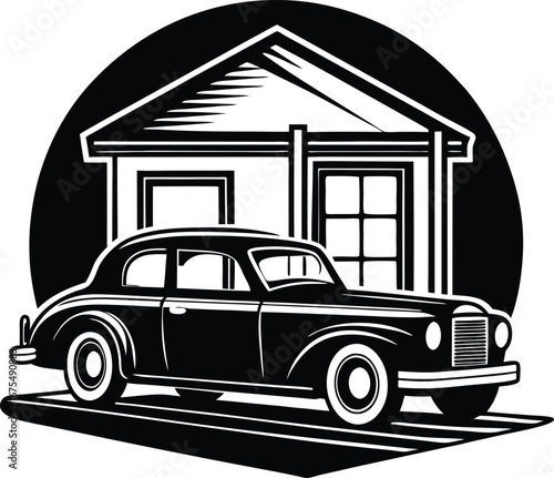 Vector art of classic automobile parked in front of a traditional garage, black and white graphic