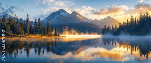 Wallpaper Mural Calm mountain lake at sunrise with mist rising over water and pine trees reflecting on the tranquil surface under a partly cloudy sky Torontodigital.ca