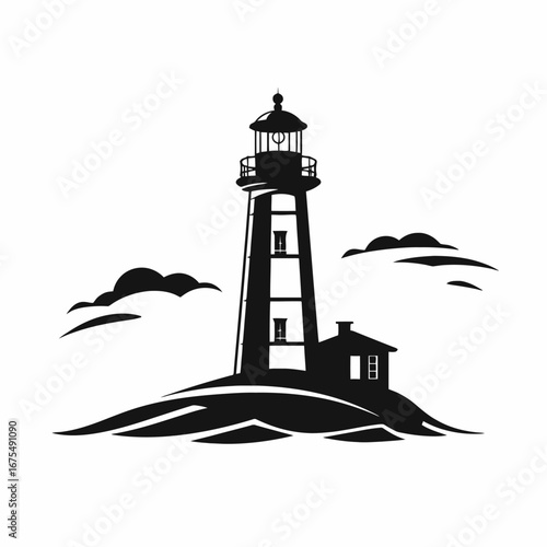Striking lighthouse on hill, against white background, vector coast silhouette