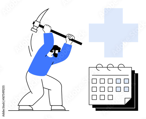 Person striking a calendar with a pickaxe, symbolizing effort and resource management. Blue cross denotes positivity. Ideal for productivity, time planning, work ethic, goal setting, deadlines
