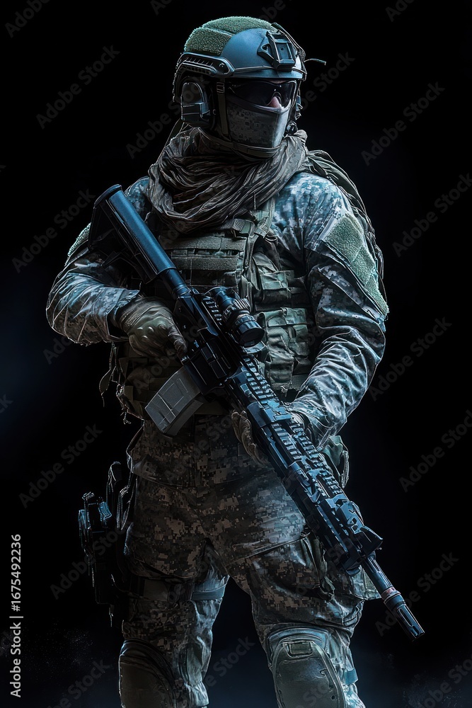 Naklejka premium armed soldier in full tactical gear holding a rifle with night vision equipment standing against a dark background conveying alertness and readiness