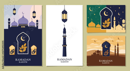 Ramadan Kareem greeting cards with mosque illustrations.