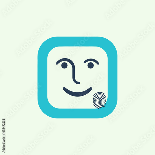 A stylized, minimalist icon featuring a friendly face with a fingerprint graphic on a light blue square background.