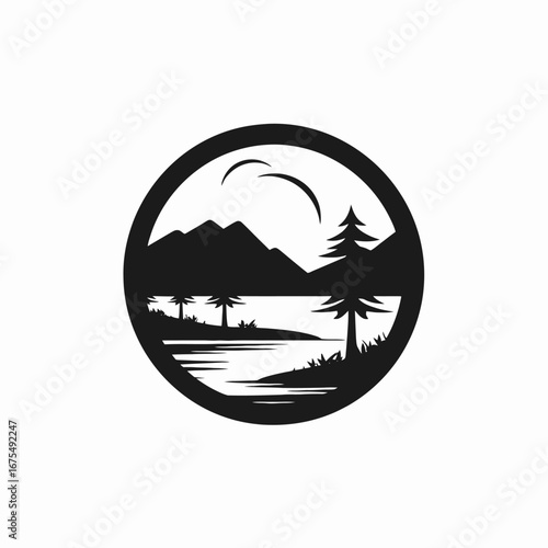 Serene lakeside scene within a circular frame evoking nature's tranquility silhouette