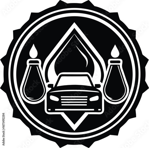 Vector art of black and white icon of a car between two fuel drops and flasks inside a gear shape
