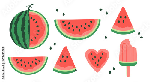 Collection of watermelon slices, pieces, and a popsicle, in various shapes and sizes.