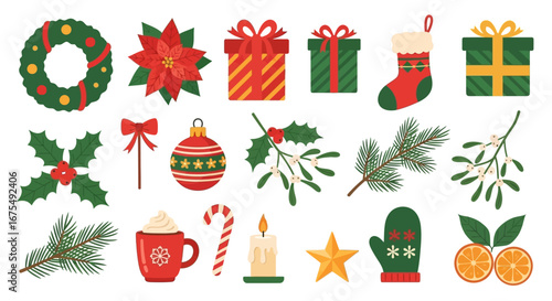 Christmas festive elements: wreath, gifts, holly, mistletoe, candy canes and more.