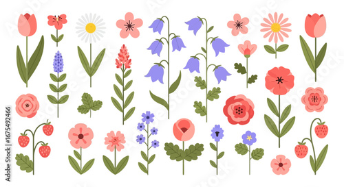 Collection of various colorful flowers, including tulips, daisies, roses, and bellflowers, in a flat design.