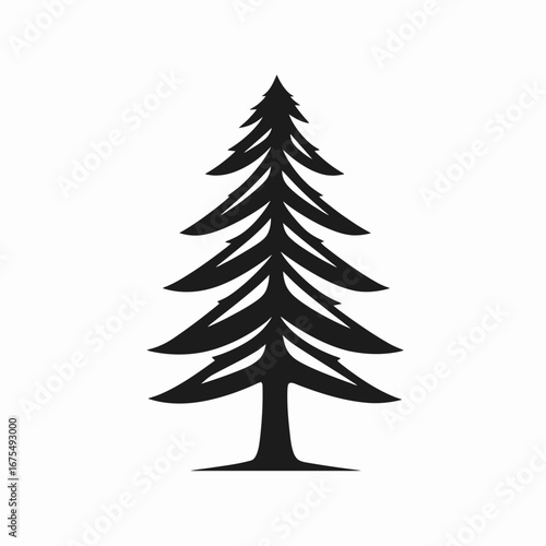 Elegant evergreen tree illustration with bold black on white backdrop silhouette