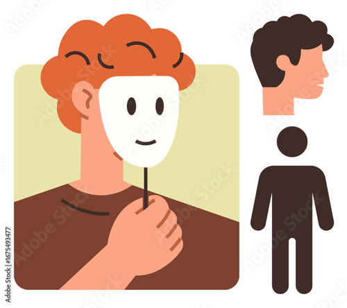 Red-haired individual holds a cheerful mask, hiding true face. Nearby figure silhouette and profile icon. Ideal for identity, deception, emotion, psychology, self-perception, mental health simple