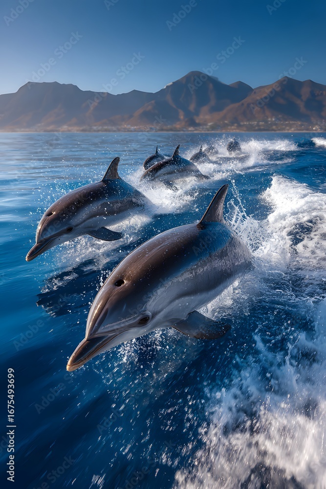 Fototapeta premium Breathtaking vertical photograph taken from a sailboat's deck captures a pod of joyful dolphins leaping from the ocean against a beautiful sunny sky.