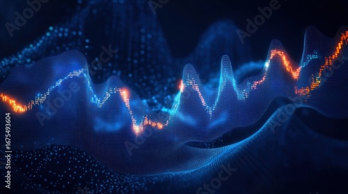 Abstract digital waveforms with glowing blue and orange dots forming dynamic fluctuating lines in a dark background conveying technology and data flow