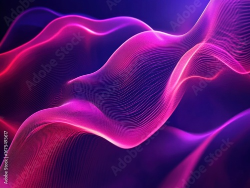 Abstract flowing wave of purple and pink neon light lines creating smooth curves and glowing contours on dark background, evoking a futuristic and dynamic feeling