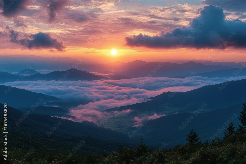 Fototapeta premium Sunrise over mist-filled mountain valley with layered peaks and dramatic clouds creating a serene and majestic atmosphere