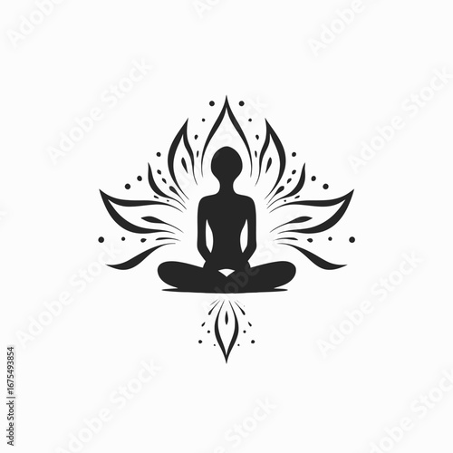 Meditative figure within lotus flower, yoga and wellness silhouette