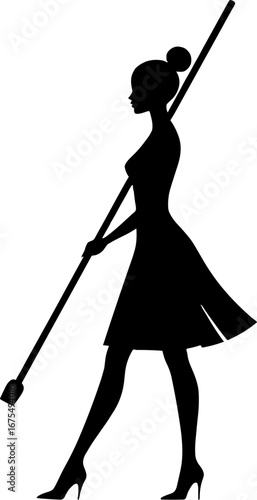 Elegant Woman Holding Mop Cleaning Concept Female Housekeeper Silhouette