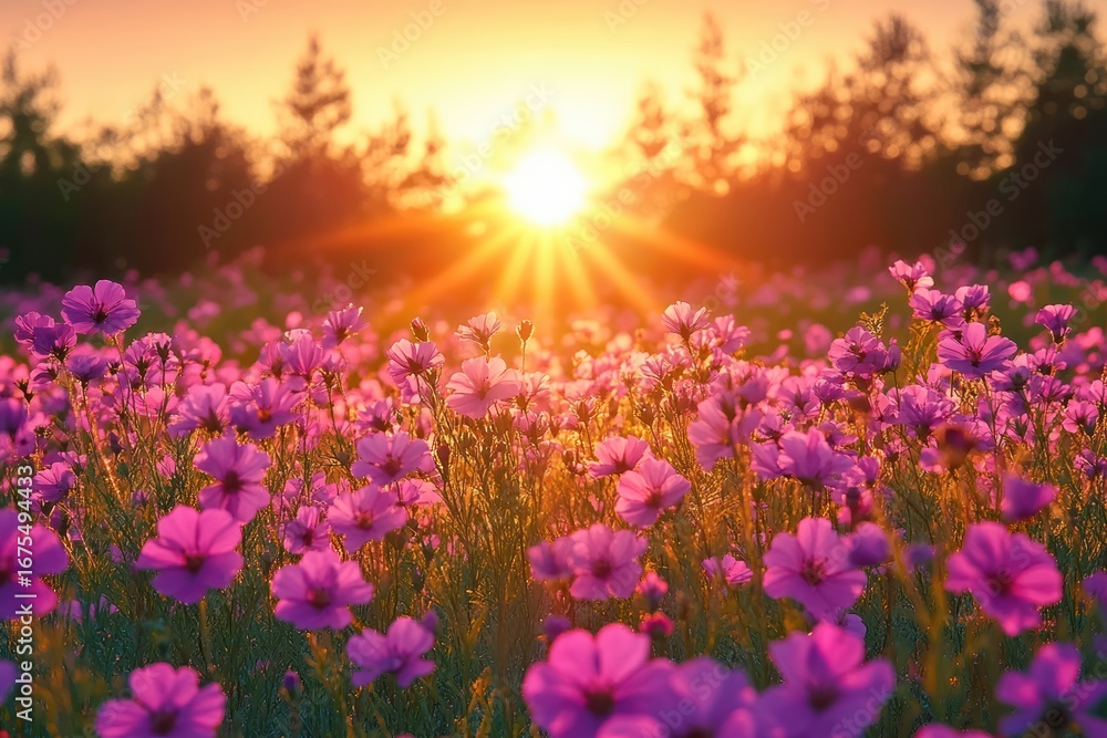Fototapeta premium Vibrant purple wildflowers blooming in a sunlit meadow at golden sunset with trees silhouetted in the background